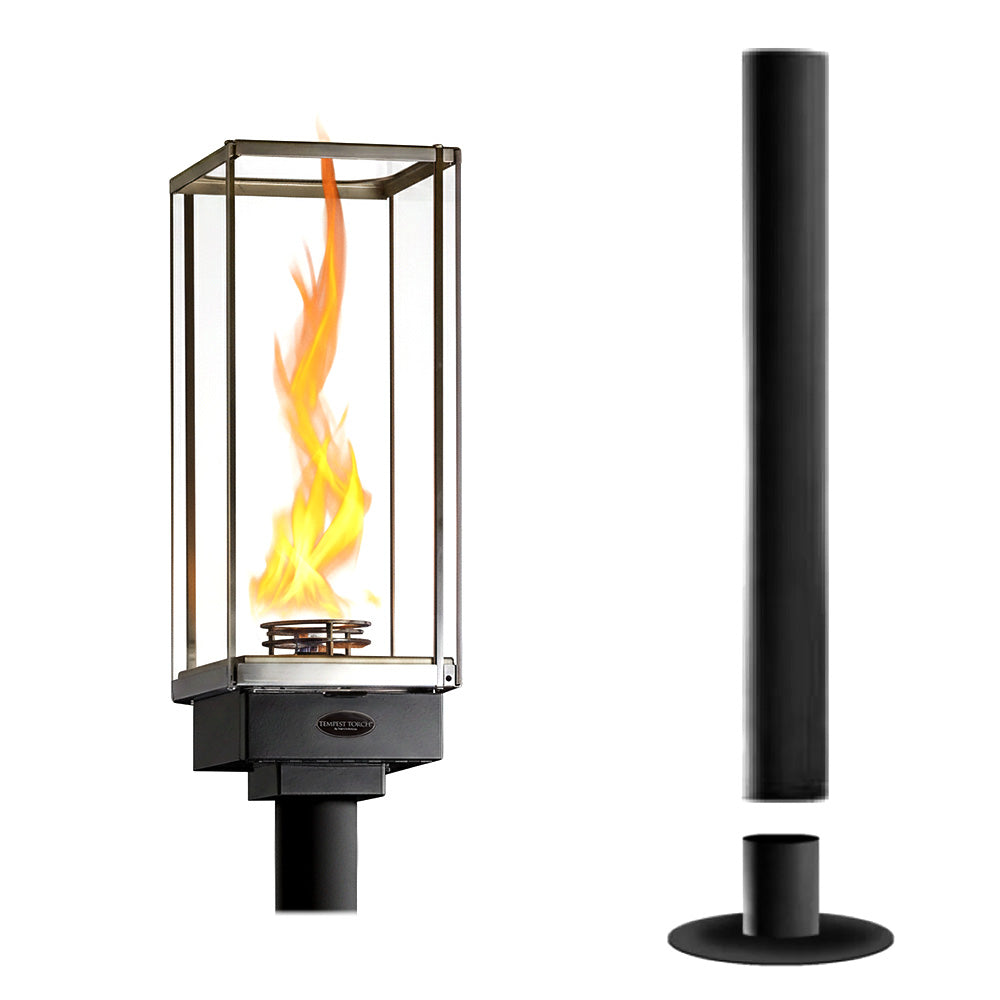 Outdoor gas torch head with tempered glass frame and visible flame, deck mount assembly