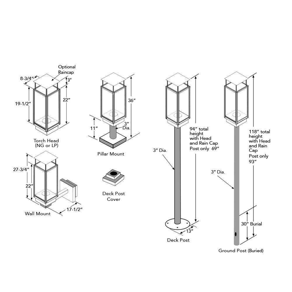 Outdoor gas torch mounting diagram with wall, pillar, and ground options