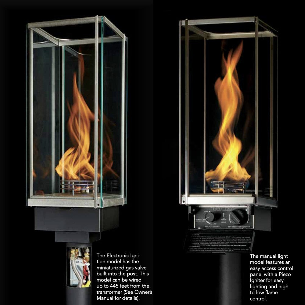 Tempest Torch gas ignition lantern with clear glass sides and visible orange flame