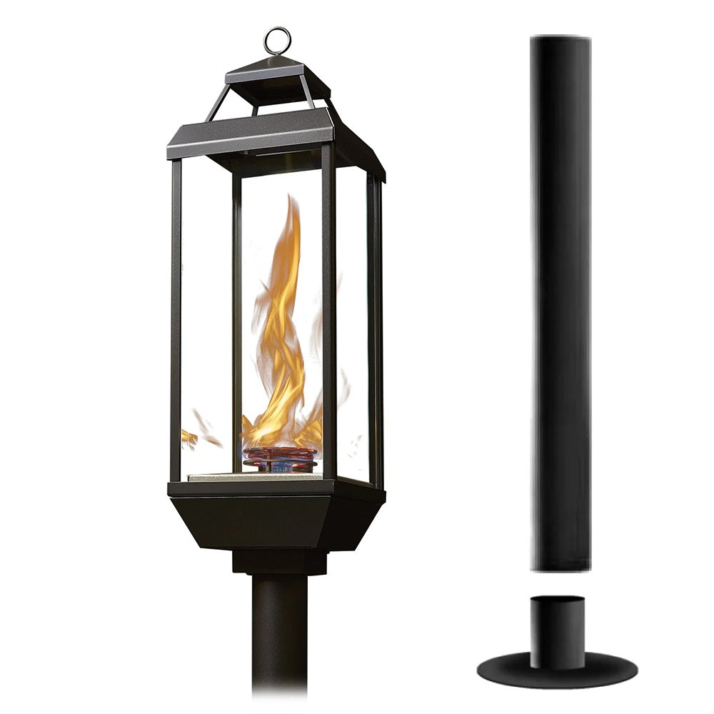 Black gas lantern with lit flame in clear panels and deck mount post assembly