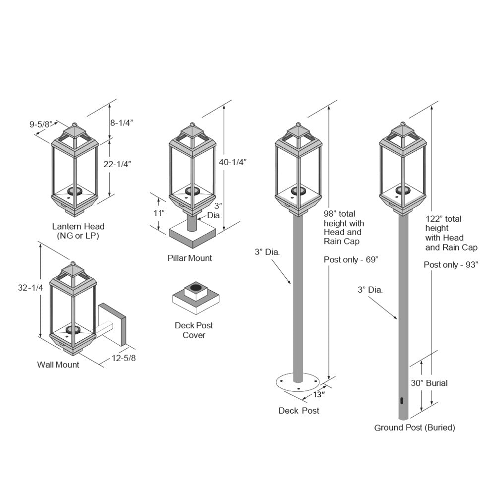 Gas lantern mounting diagram with deck post, base, and lantern head size dimensions