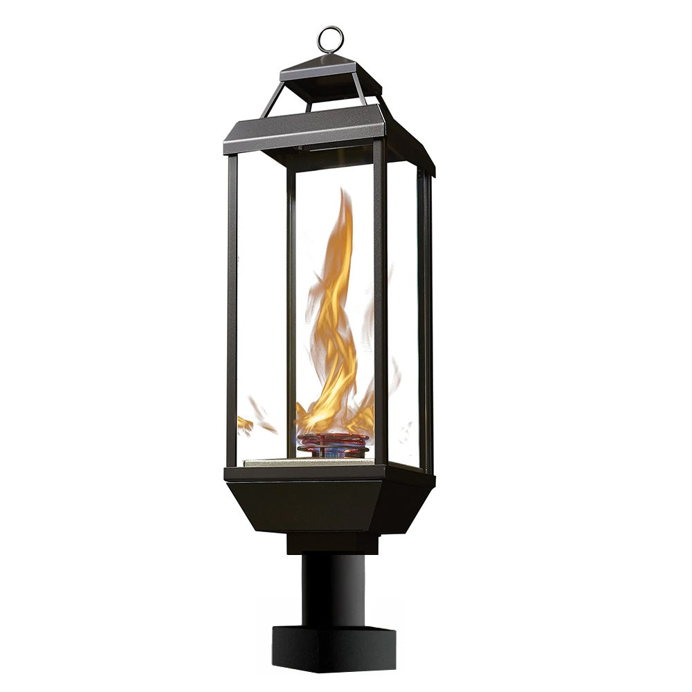 Black metal gas lantern with visible flame and pillar mount, clear glass sides