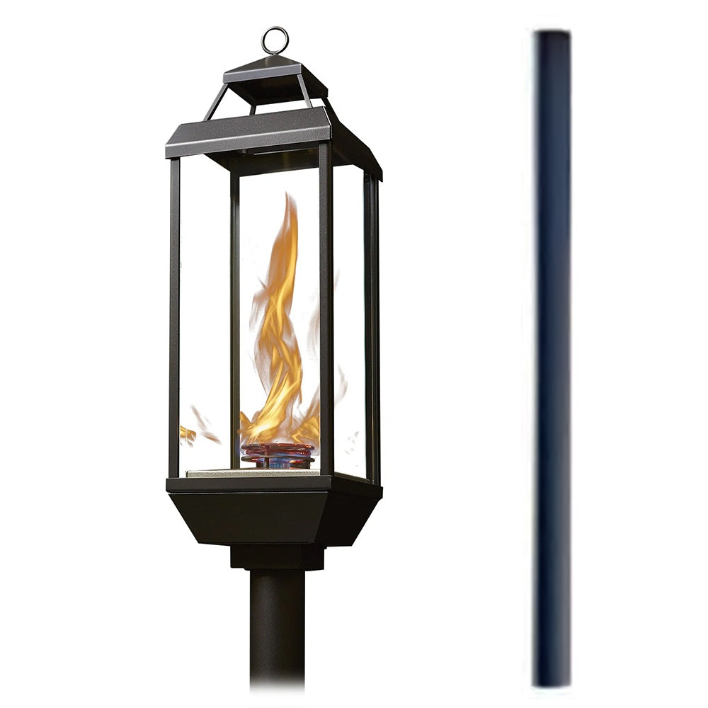 Outdoor gas lantern with dark metal frame, clear glass sides, and visible flame