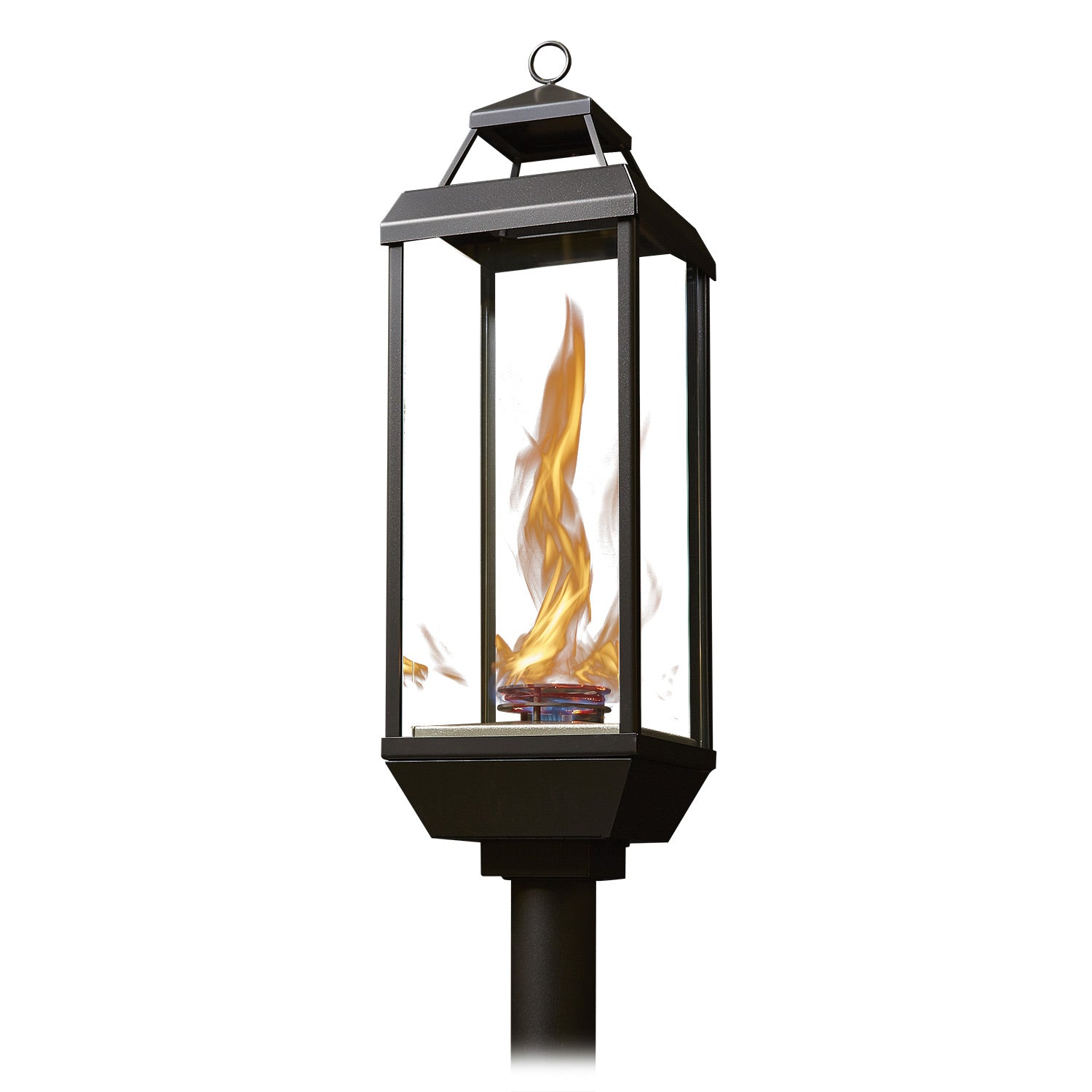 Outdoor gas lantern torch head on pillar mount, clear glass with burning flame