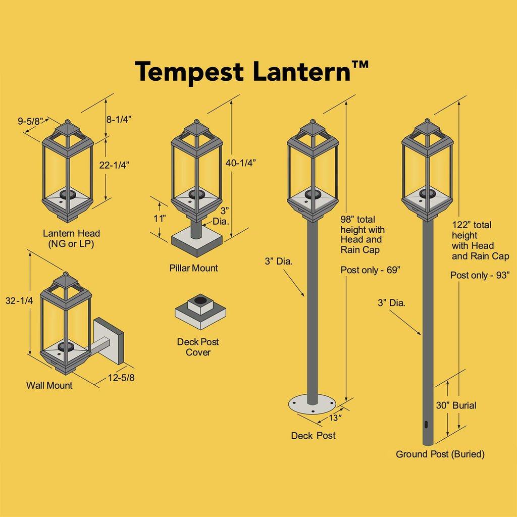 Lantern size diagram showing wall mount and post options
