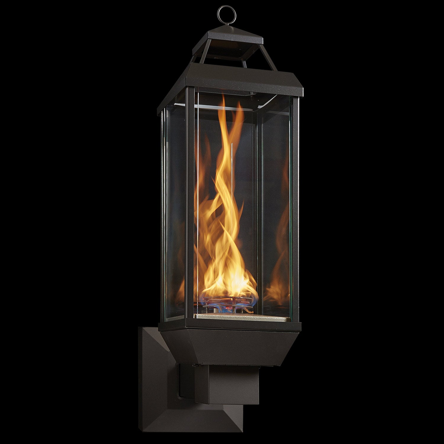 Wall-mounted gas lantern torch head with clear glass panel and flame