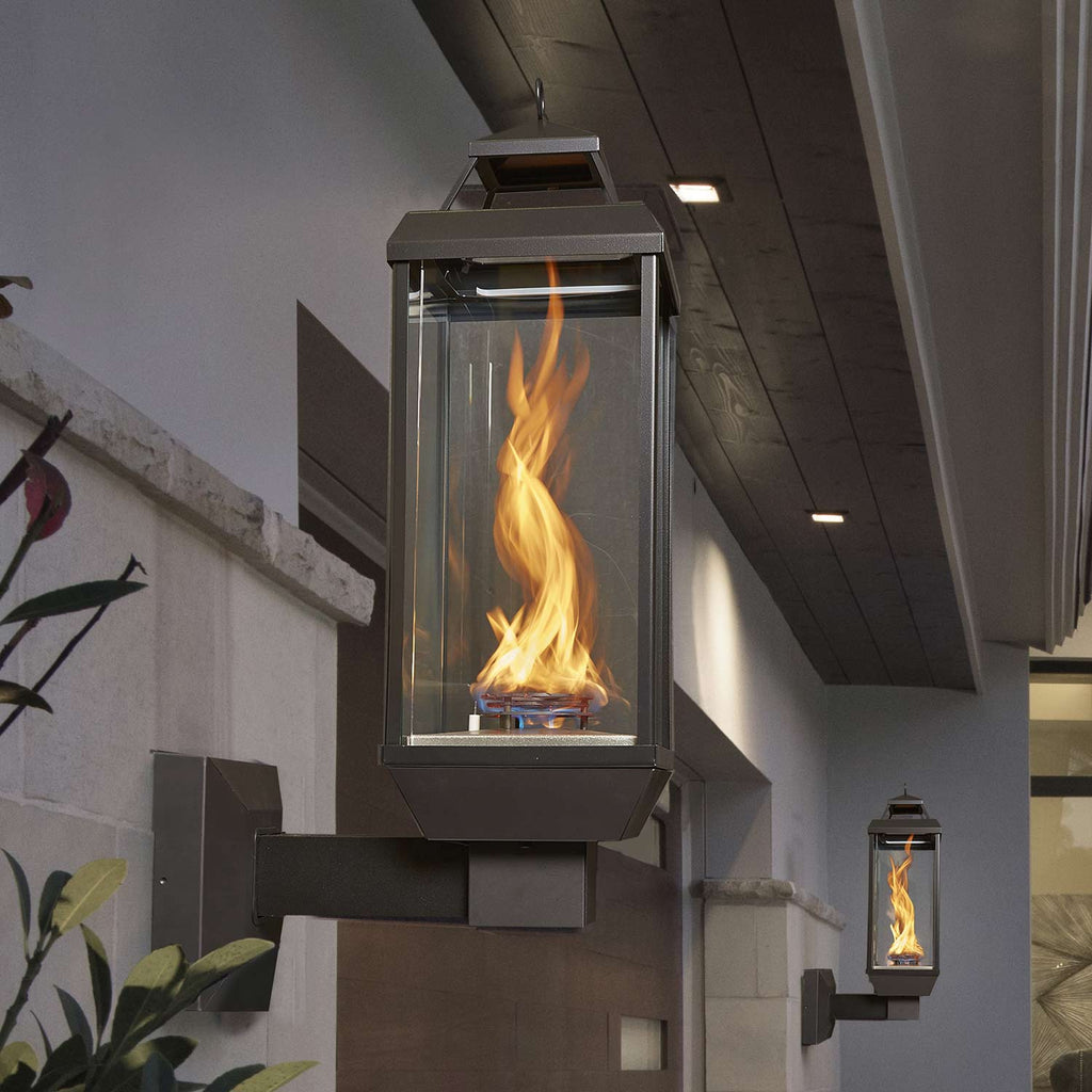 Gas lantern torch head wall mount with glass sides and visible flame