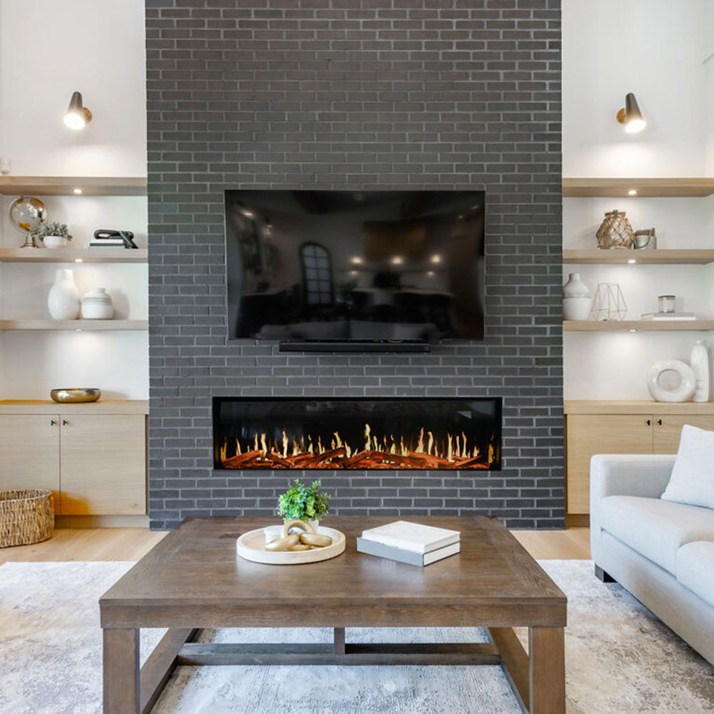 Indoor fireplace with dark brick surround and visible burner flames