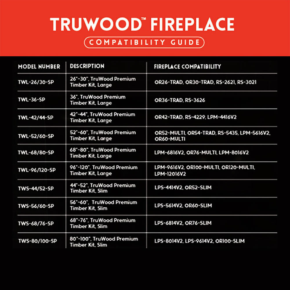 TruWood fireplace compatibility guide chart with model numbers and fit ranges