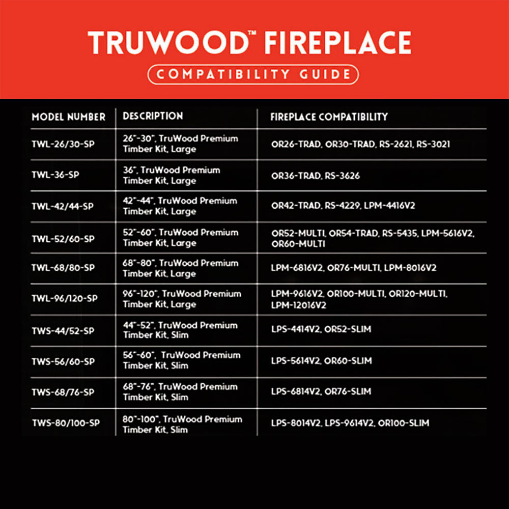 TruWood fireplace compatibility guide chart with model numbers and matches