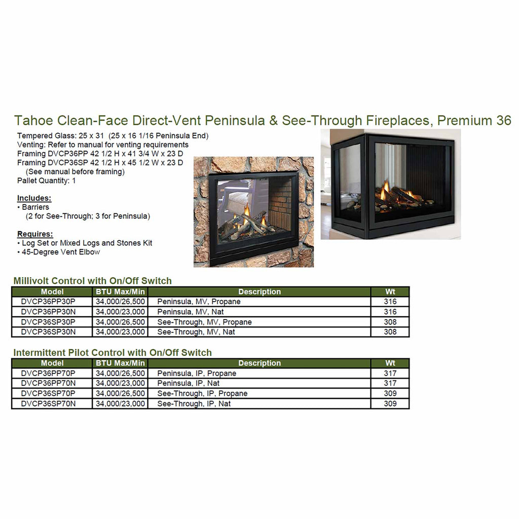 Direct vent see-through fireplace size chart with product photos