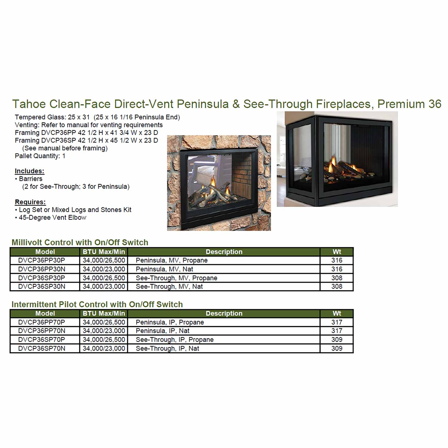 Specification sheet for a clean-face direct-vent see-through peninsula fireplace