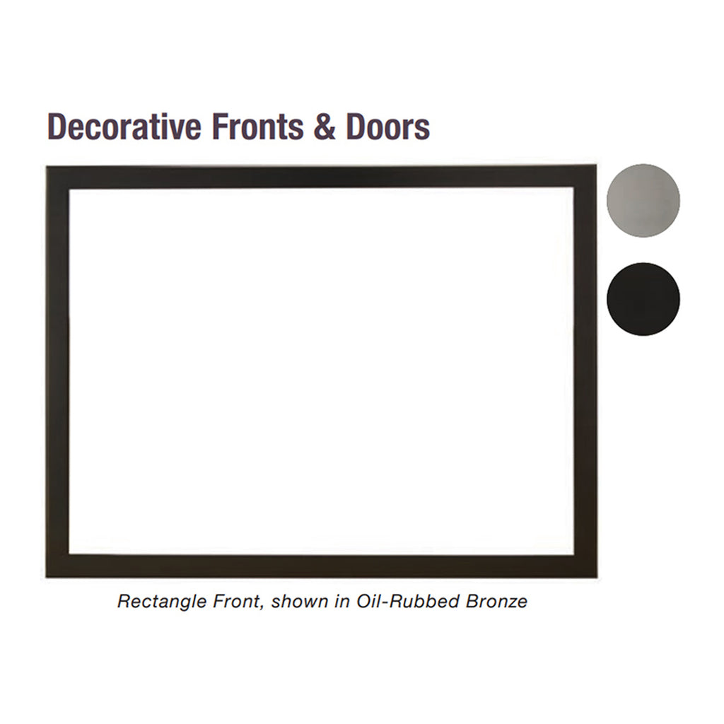 Fireplace decorative front and door frame in a dark metal finish with two round knobs