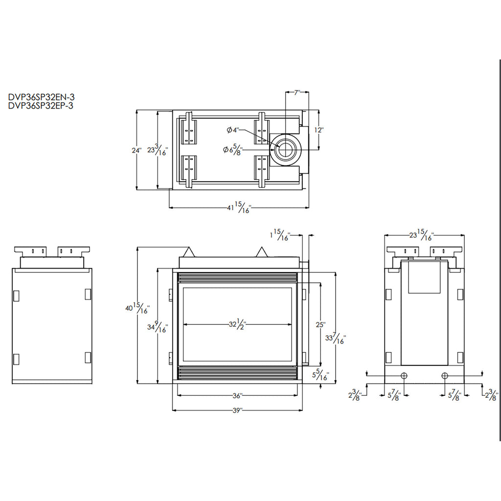 Direct vent fireplace technical line drawing with front and side dimensions