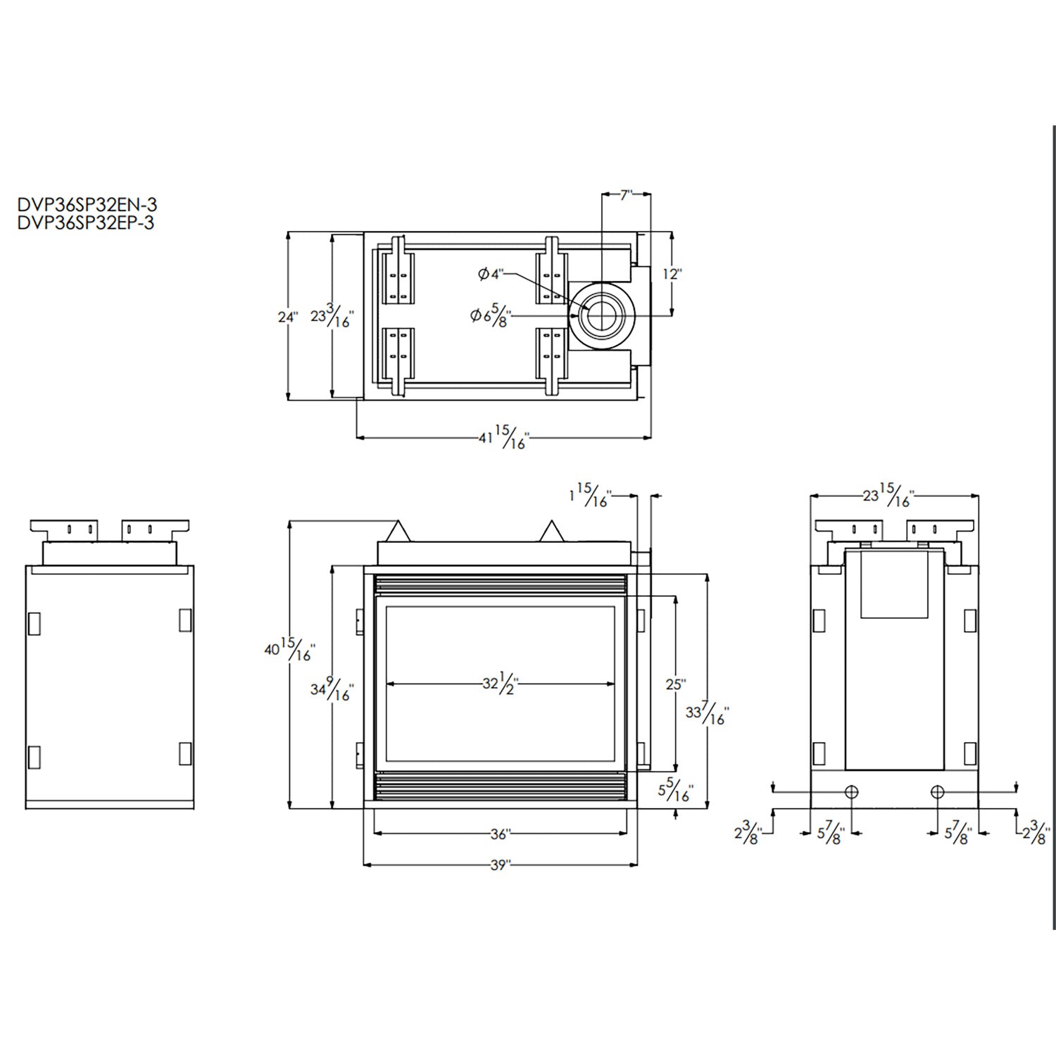 Direct vent fireplace technical line drawing with front and side dimensions