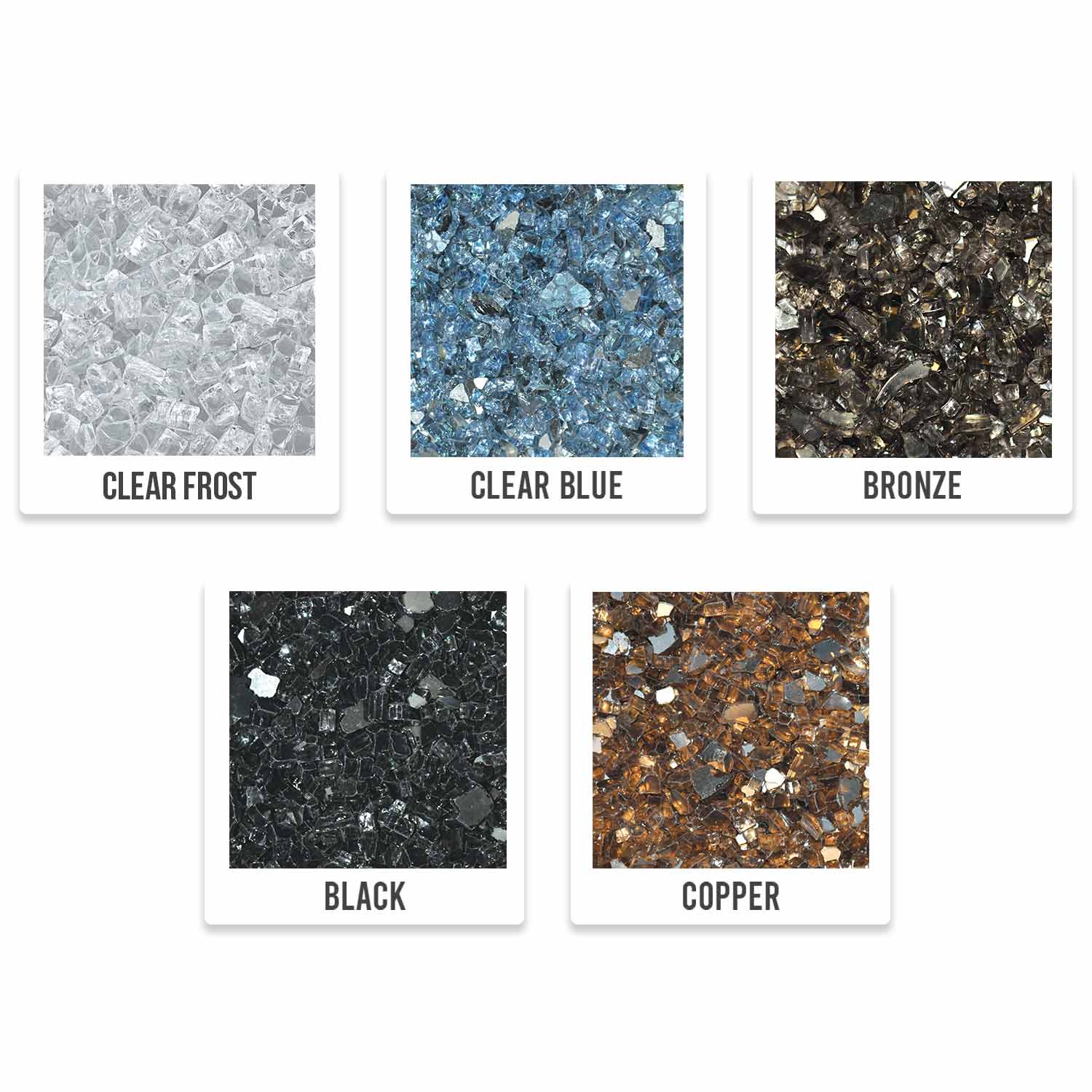 Crushed glass media color swatches: Frost, Blue, Bronze, Black, Copper