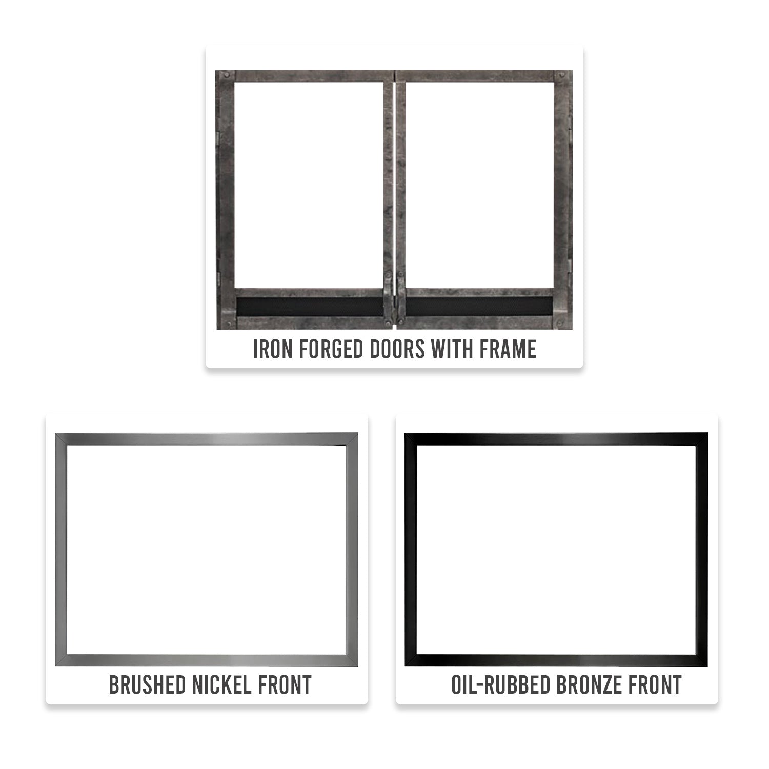 Iron forged door frames with brushed nickel and oil-rubbed bronze front panels