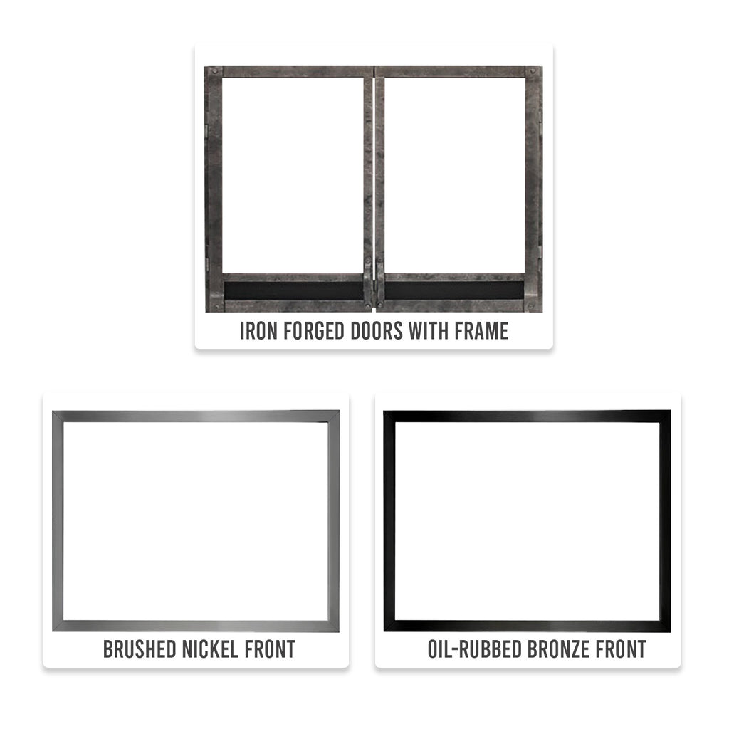 Fireplace front door styles: iron forged doors, brushed nickel, and oil-rubbed bronze