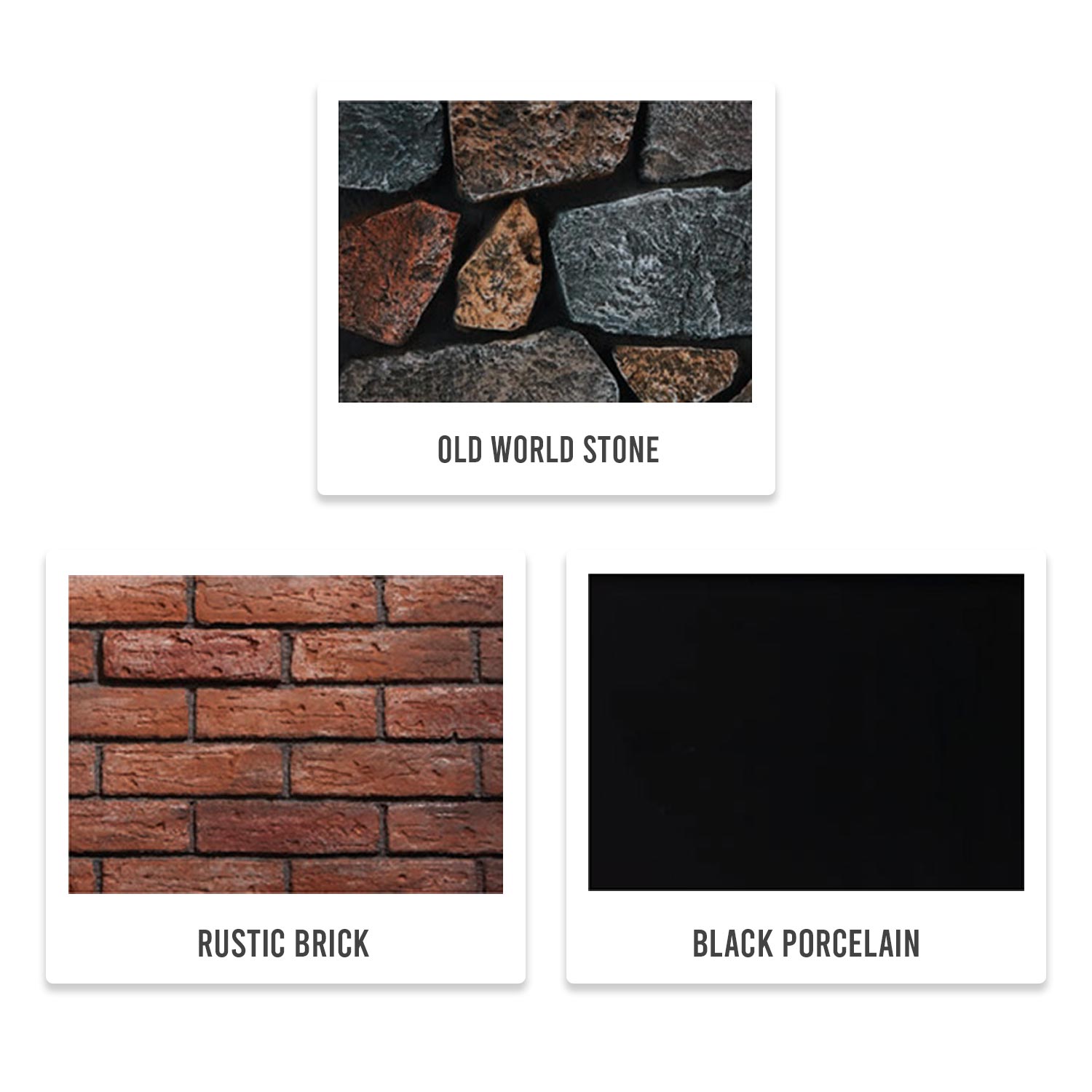 Fireplace surface samples: stone, brick, and black porcelain tile options