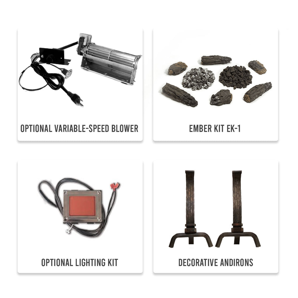 Fireplace accessory kit: variable-speed blower, ember pieces, lighting kit, and andirons