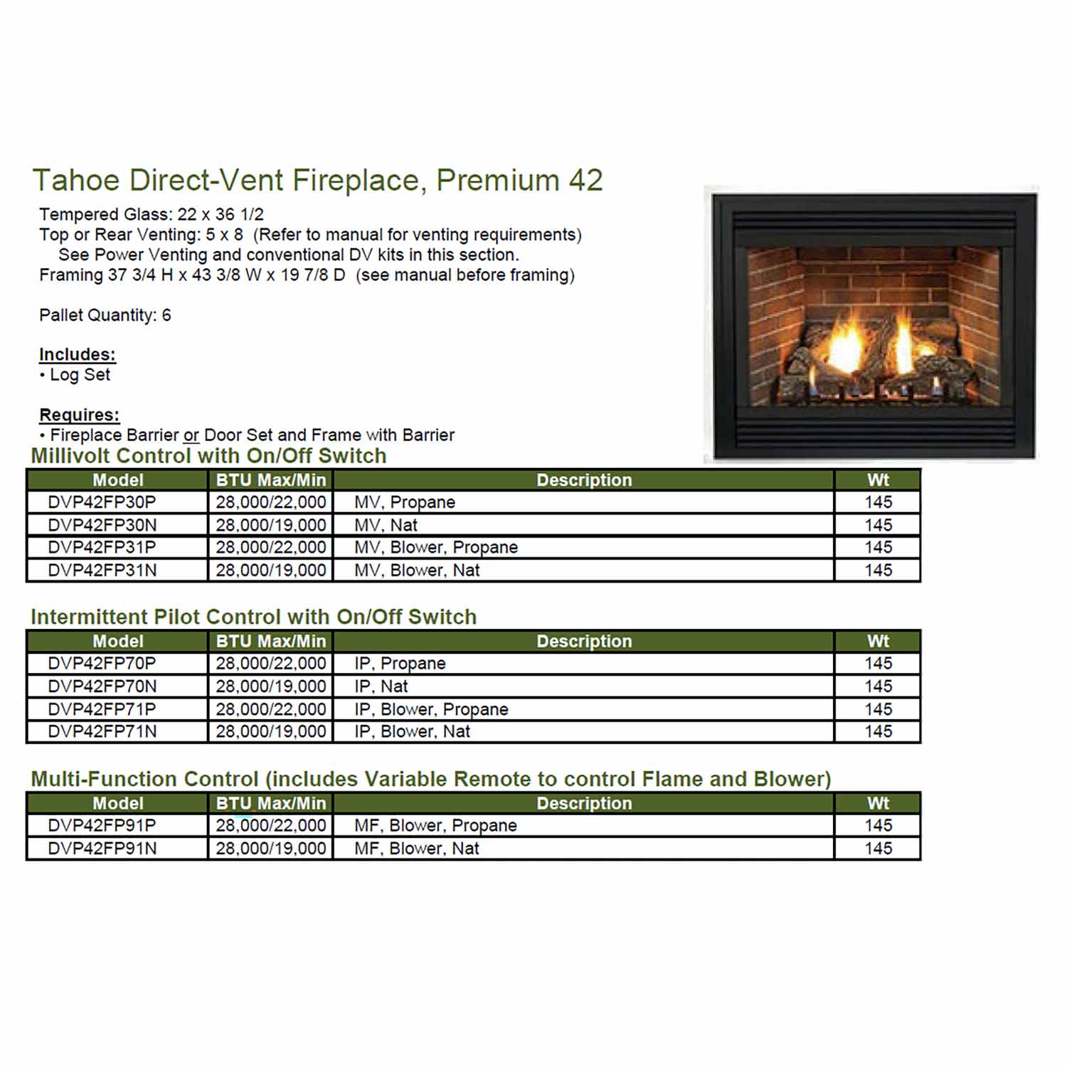 White Mountain Hearth DVP42FP Tahoe Direct Vent Premium Fireplace, 42-Inches