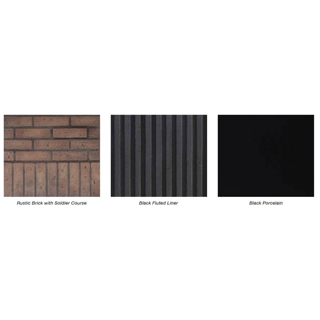 Fireplace finish samples: brick, black fluted liner, and black porcelain panel