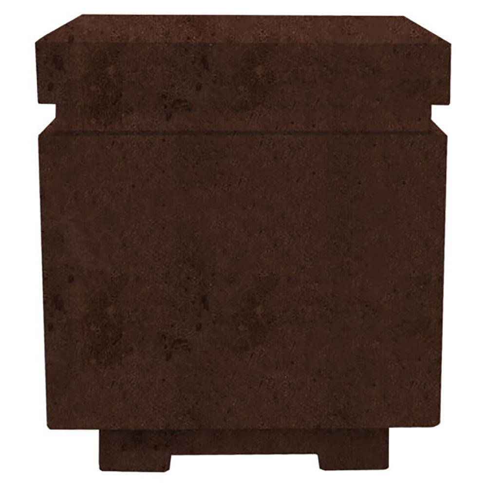 Concrete propane enclosure, brown rectangular block with split top cap and base tabs