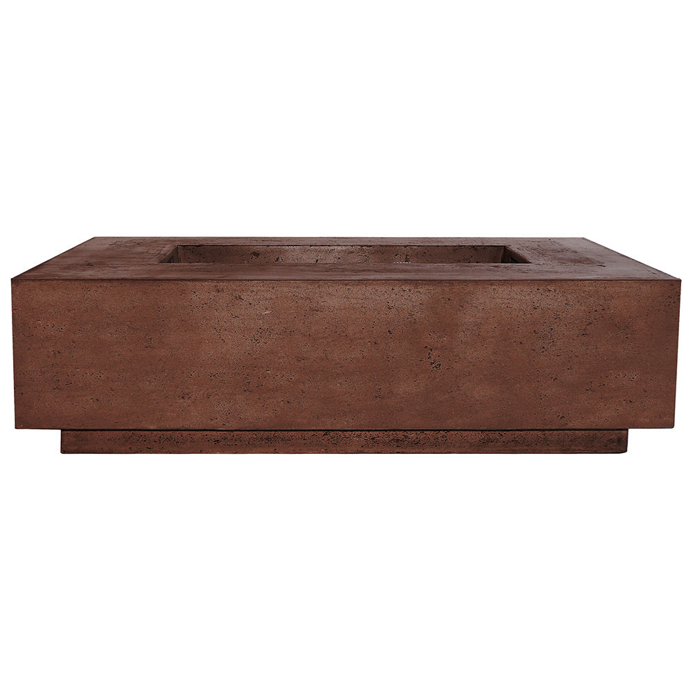 Rectangular concrete gas fire pit with recessed burner tray, cafe brown finish