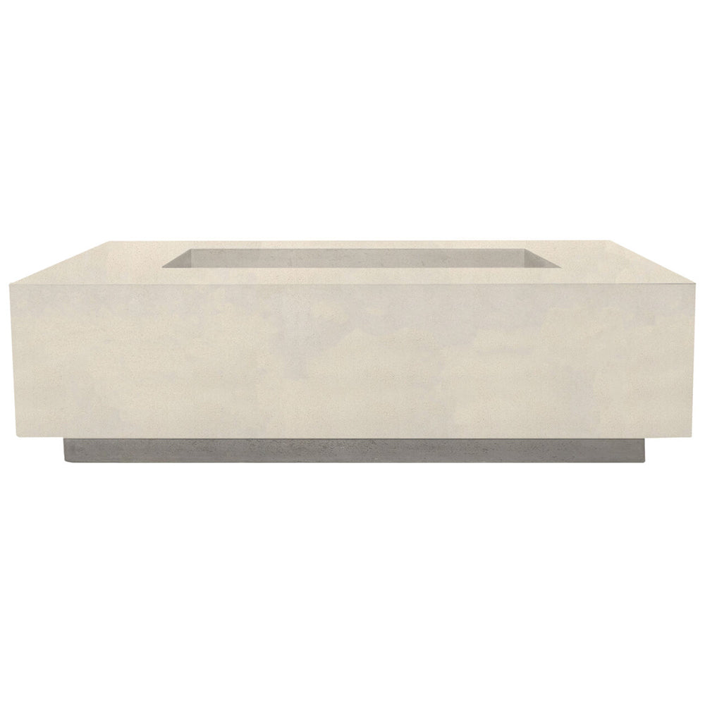 Concrete gas fire pit with rectangular burner opening, sandy beige finish, low rectangular base