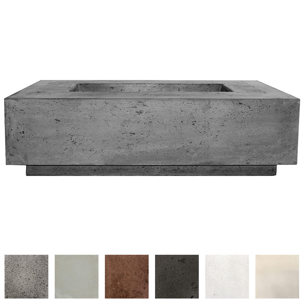 Rectangular concrete gas fire pit with recessed burner tray, gray finish