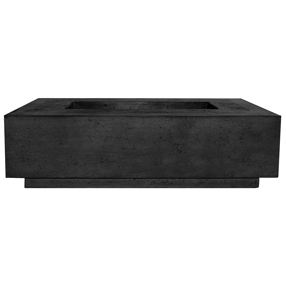 Rectangular concrete gas fire pit with recessed burner tray, ebony black finish