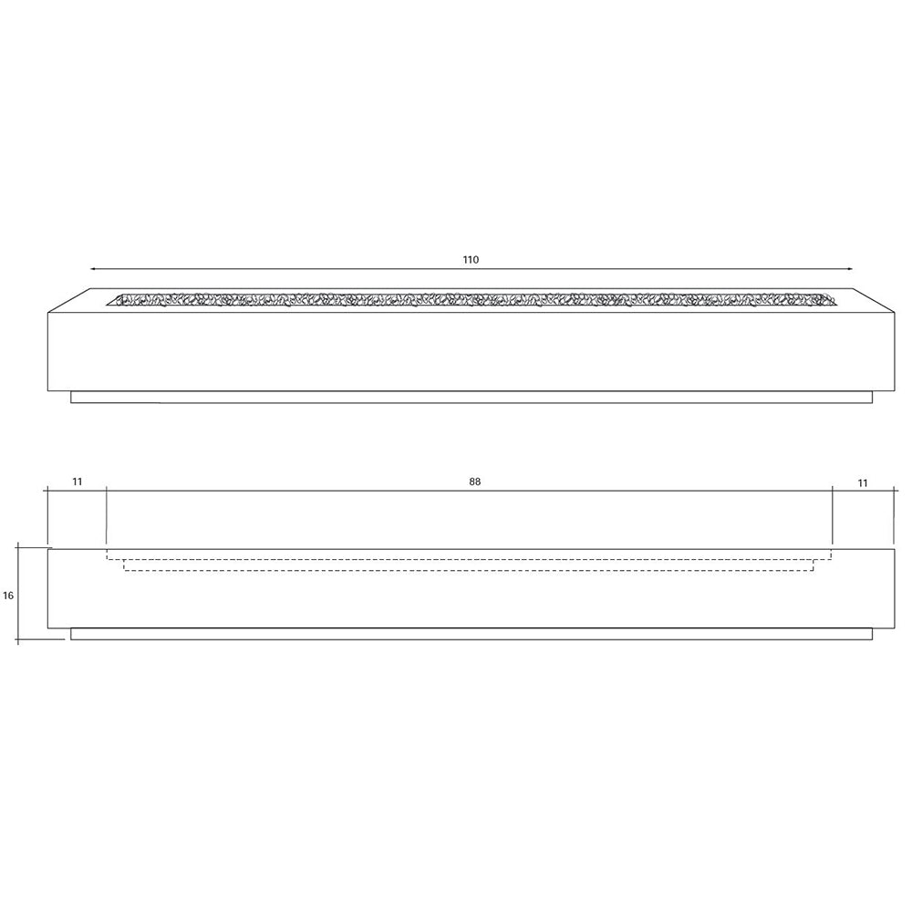 Tavola 110 concrete gas fire pit side and top dimension diagram