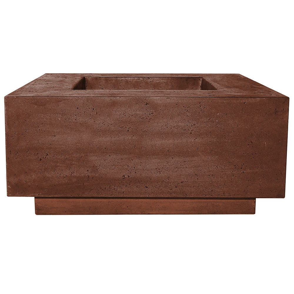 Brown concrete rectangular gas fire pit with burner opening and recessed top tray