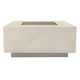 Concrete gas fire pit in light beige with dark gray base, rectangular shape