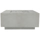Light gray concrete rectangular gas fire pit with burner opening and recessed top tray