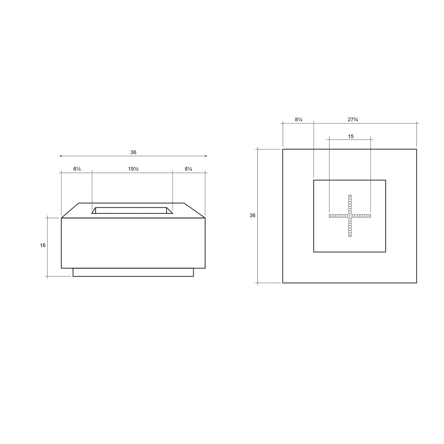 Technical drawing of square gas fire pit dimensions and burner layout