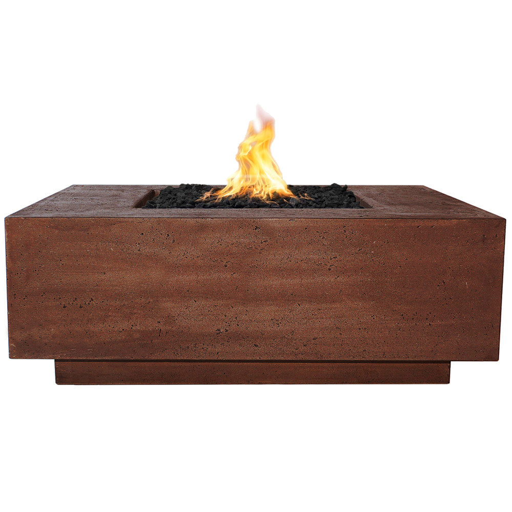 Concrete gas fire pit with flames, square burner opening in cafe brown finish