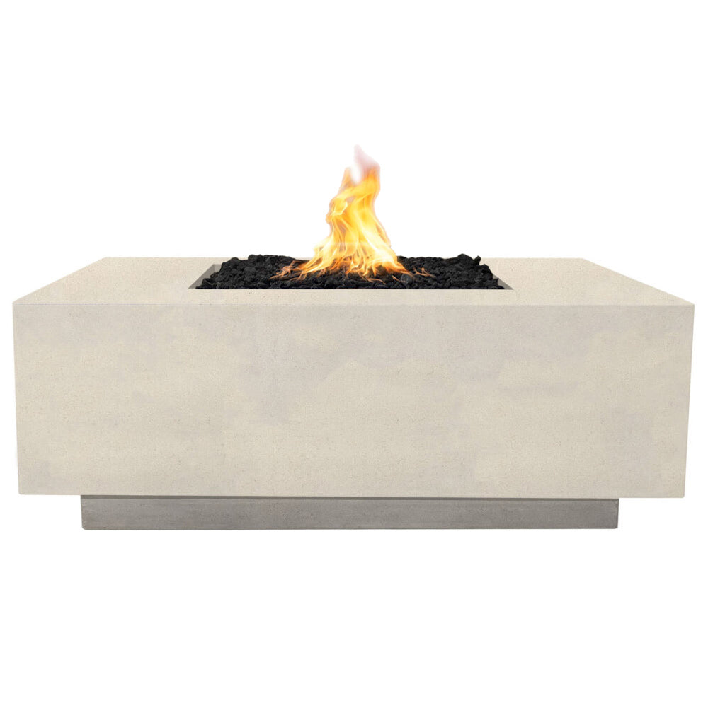 Concrete gas fire pit with square top and visible flame, beige finish
