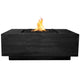 Concrete gas fire pit with flames, square burner opening in ebony black finish