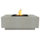 Concrete gas fire pit with flames, square burner opening in ultra white finish