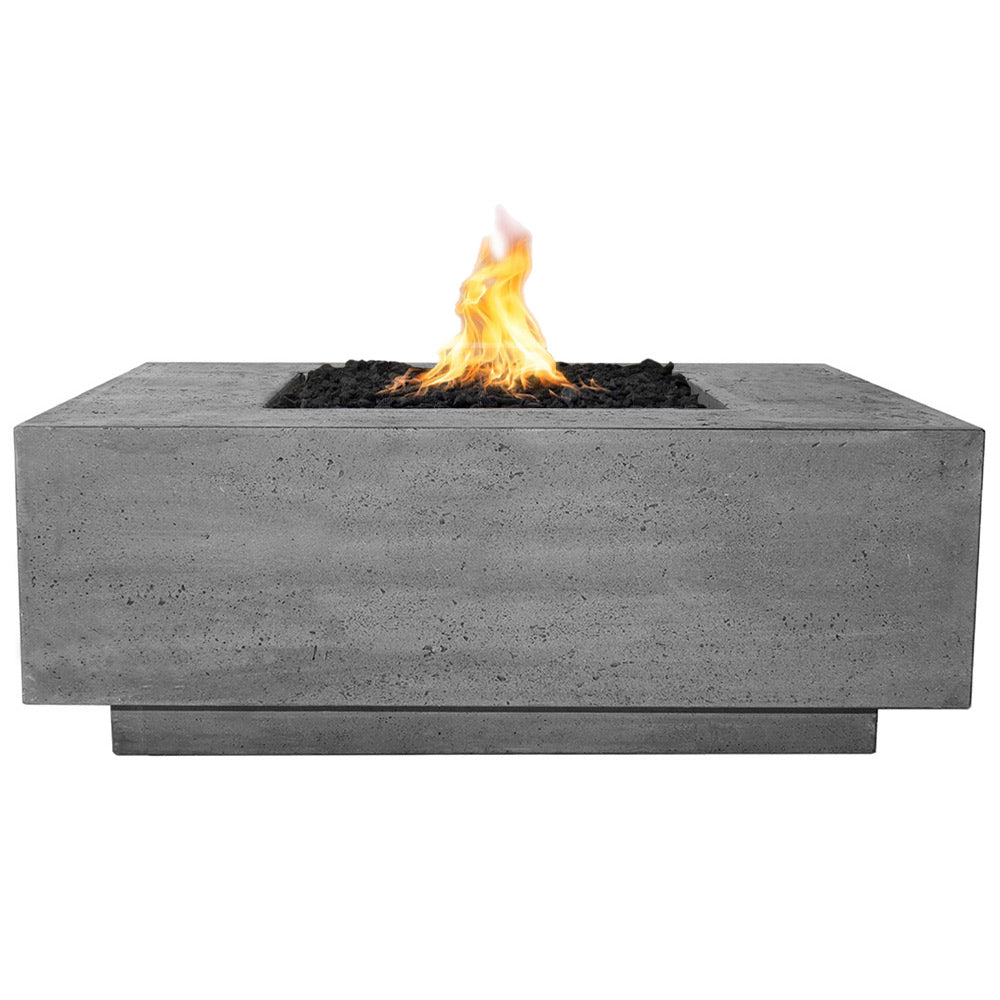 Concrete gas fire pit with square top and visible flame, dark gray finish