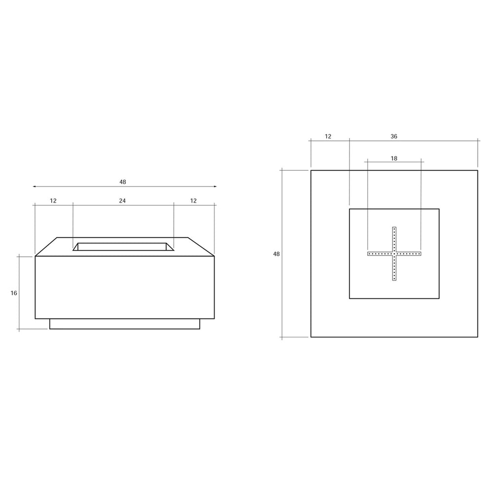 Concrete gas fire pit technical line drawing with top and front dimensions