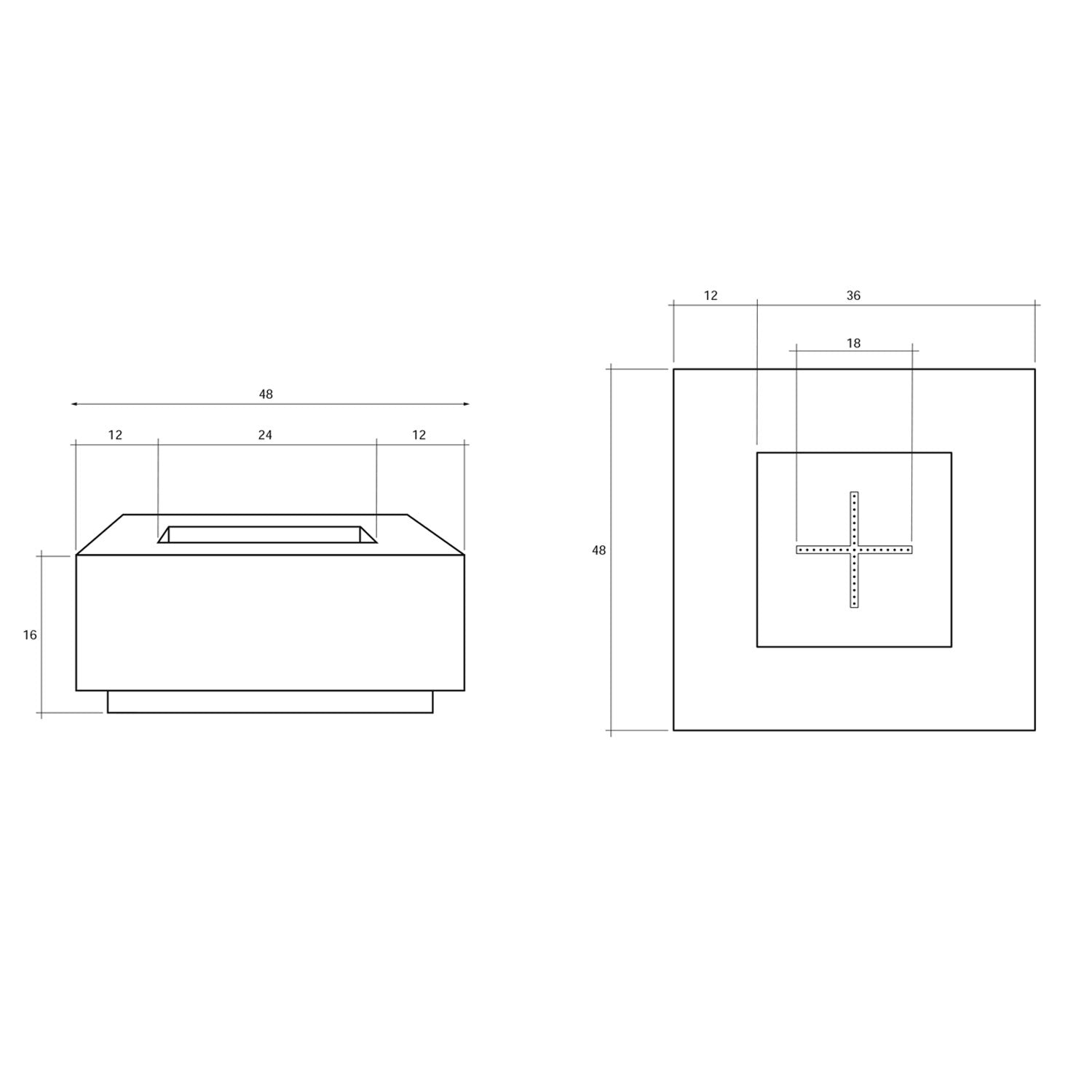Concrete gas fire pit technical line drawing with top and front dimensions