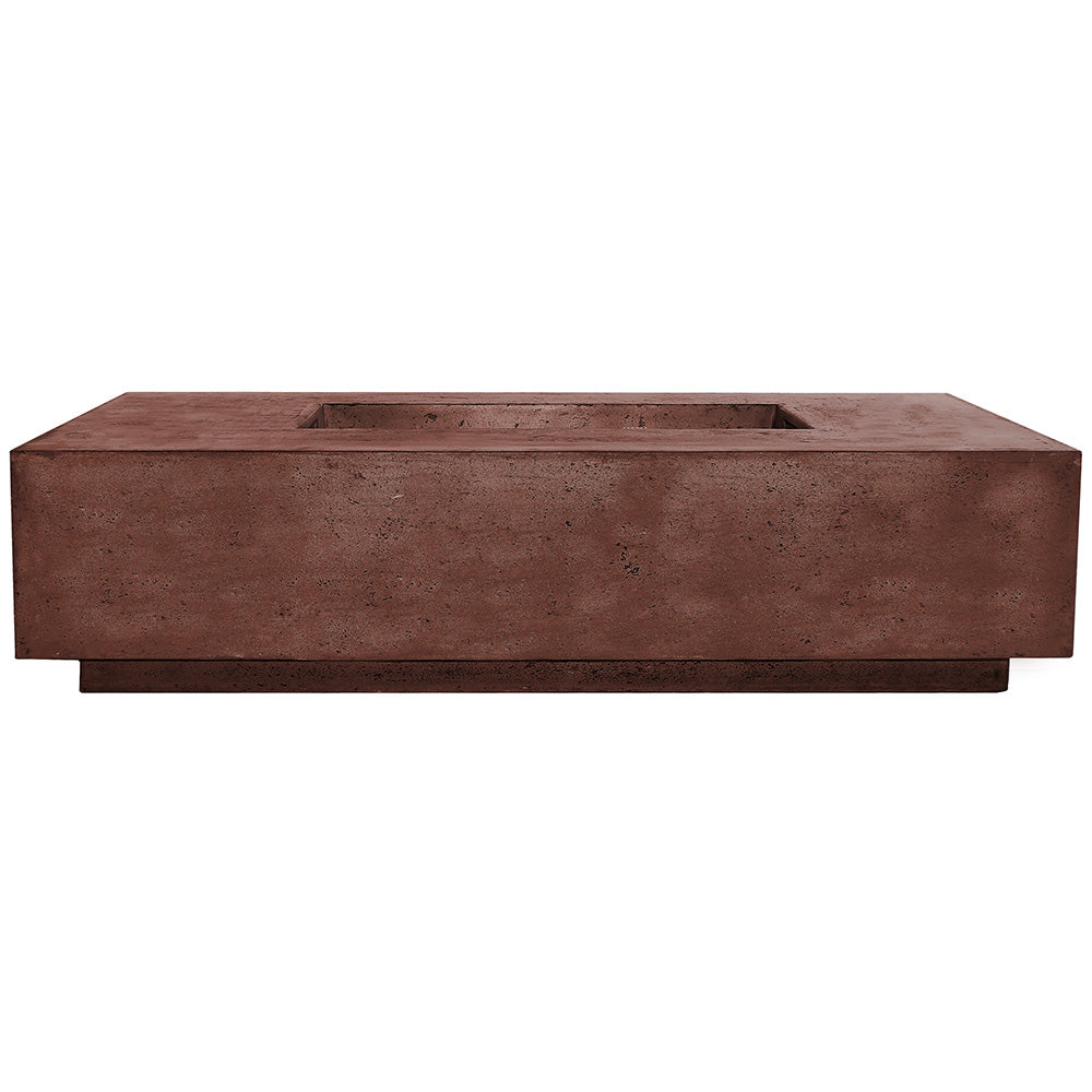 Concrete gas fire pit in warm brown with rectangular burner opening and solid base.