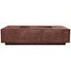 Concrete gas fire pit in warm brown with rectangular burner opening and solid base.