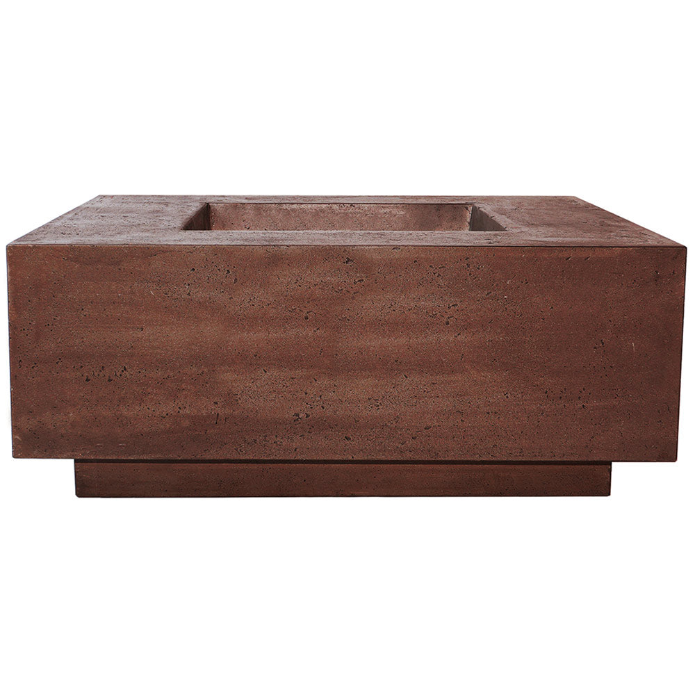 Square concrete gas fire pit with recessed burner opening, brown finish