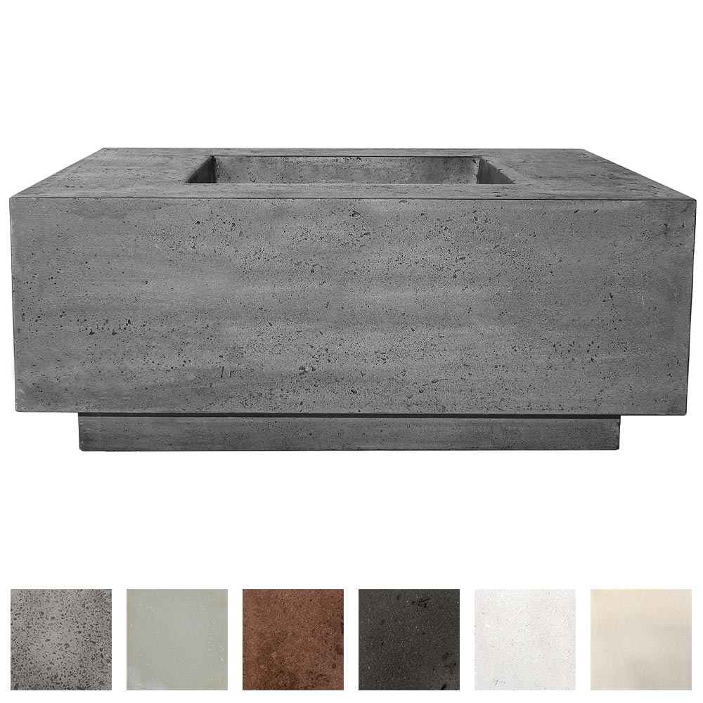 Concrete gas fire pit with square burner and recessed opening, light gray finish