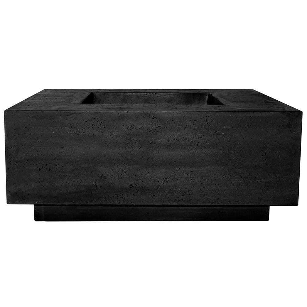 Square concrete gas fire pit with recessed burner opening, black finish