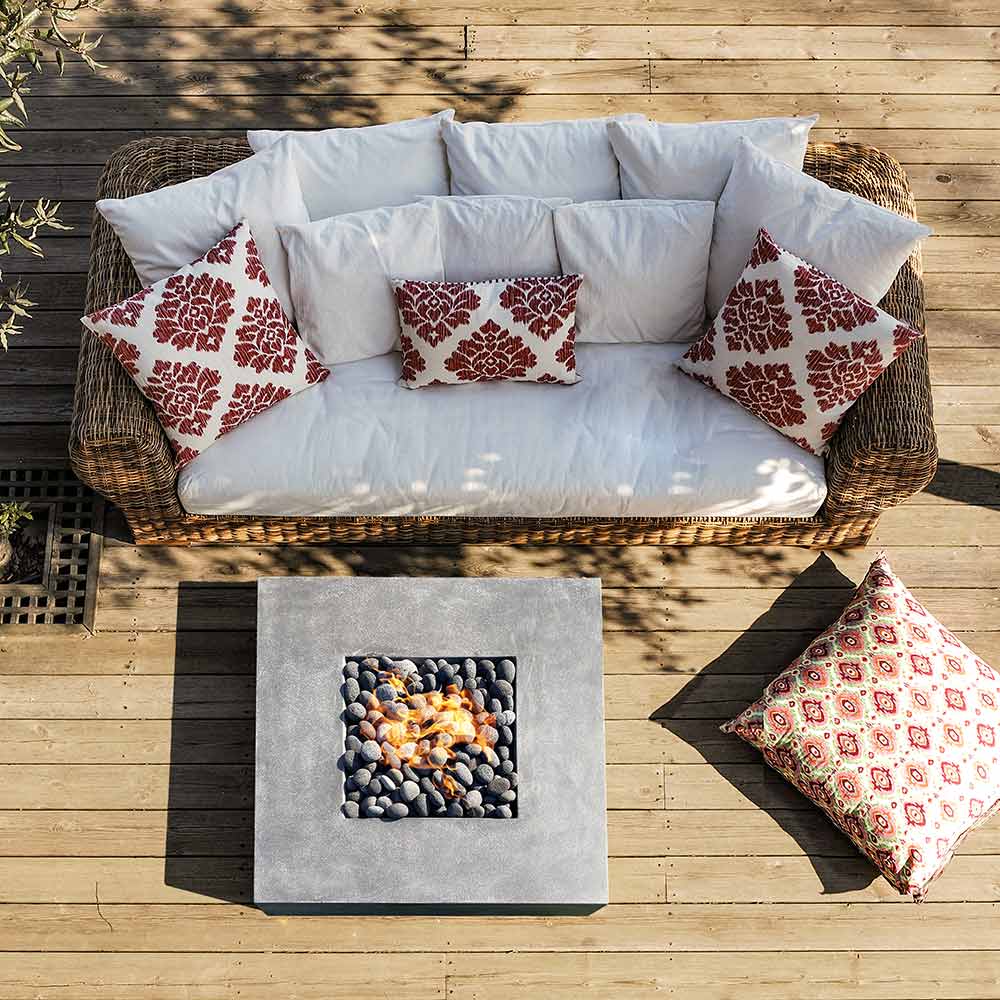Square concrete gas fire pit with burner opening, dark gray top and base