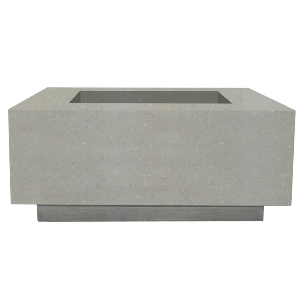 Square concrete gas fire pit with recessed burner opening, light gray finish